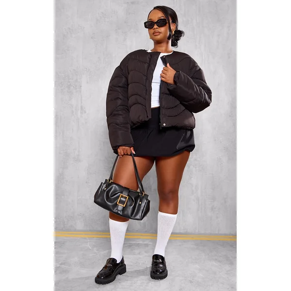 Plus Black Cropped Round Neck Puffer Jacket