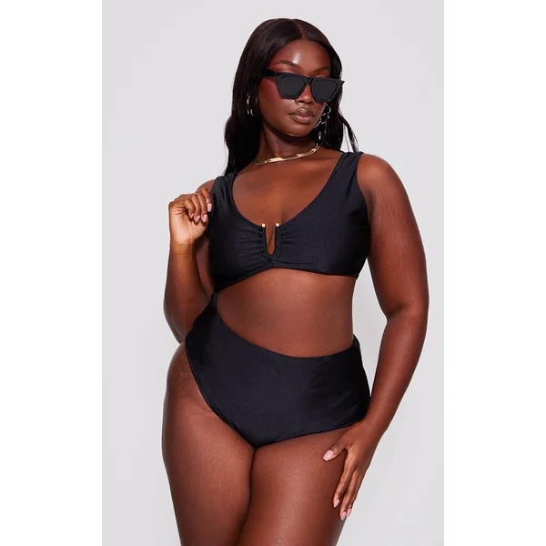 Plus Black Cut Out Trim Detail Swimsuit