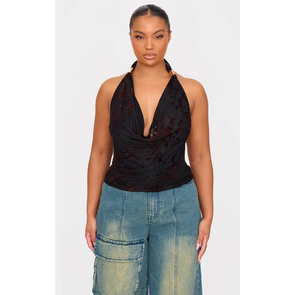 Plus Black Devore Cowl Neck Top