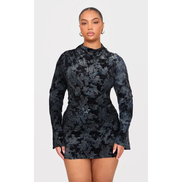 Plus Black Devore Flute Sleeve Mini Dress