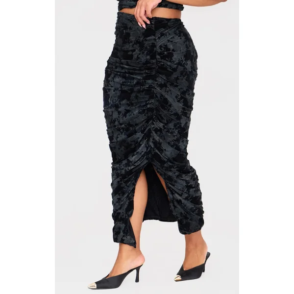 Plus Black Devore Ruched Maxi Skirt
