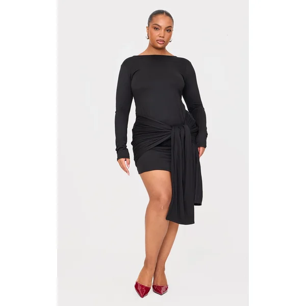 Plus Black Double Contour Long Sleeve Wrap Detail Bodycon Dress
