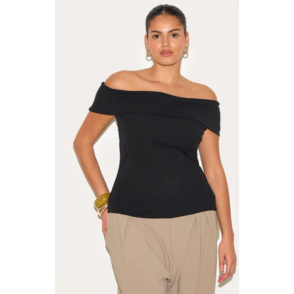 Plus Black Double Layer Burn Out Mesh Fold Over Bardot Top