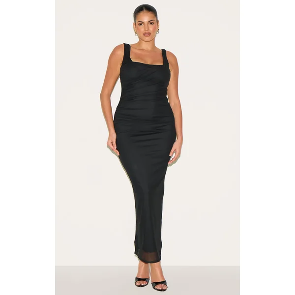 Plus Black Double Layer Mesh Square Neck Ruched Midaxi Dress