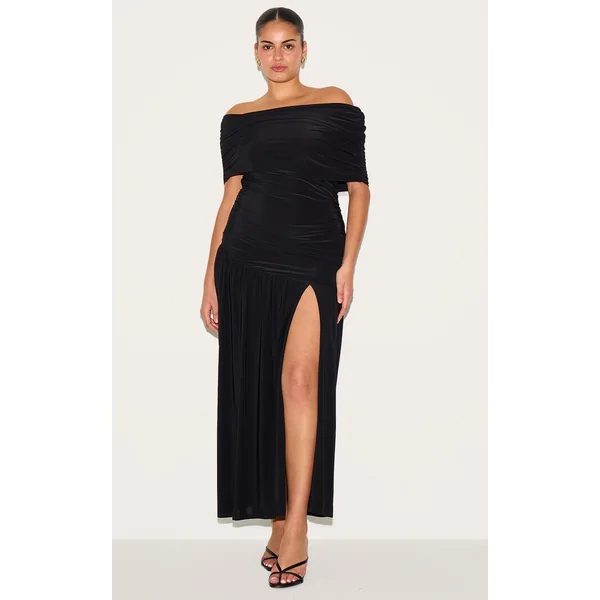 Plus Black Double Layer Slinky Bardot One Shoulder Ruched Maxi Dress