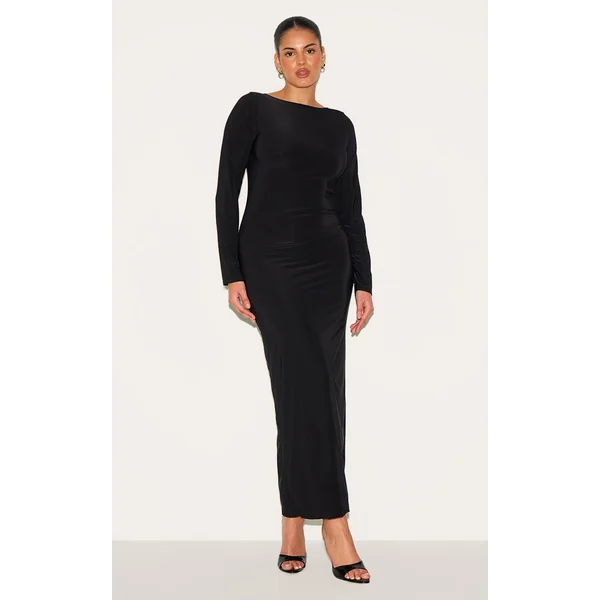 Plus Black Double Layer Slinky Flared Sleeve Midaxi Dress