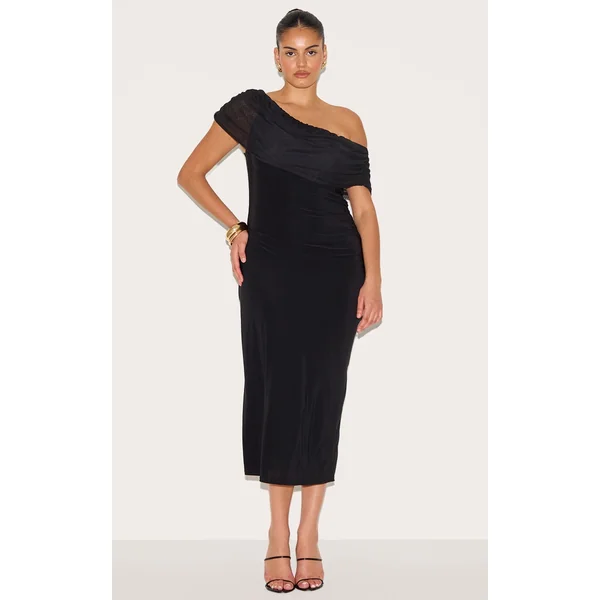 Plus Black Double Layer Slinky Mesh Overlay Maxi Dress