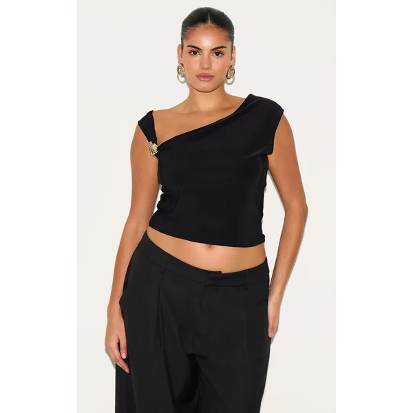 Plus Black Double Layer Slinky Trim Detail Asymmetric Top