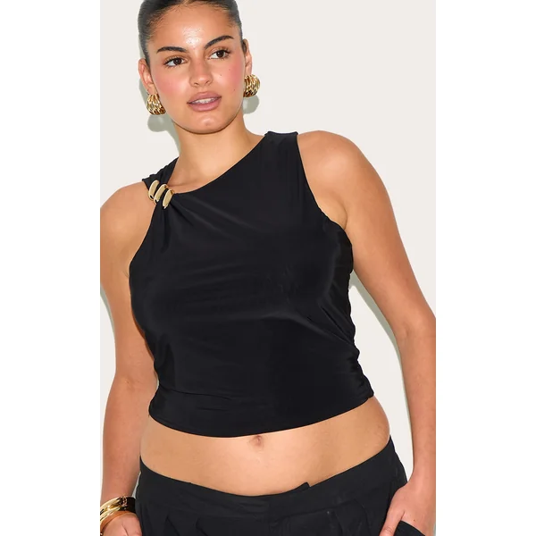 Plus Black Double Layer Slinky Trim Detail Long Vest Top