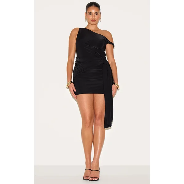 Plus Black Double Slinky Ruched Draped Detail Mini Dress