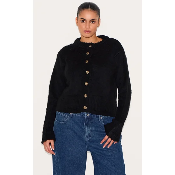 Plus Black Eyelash Knitted Cardigan