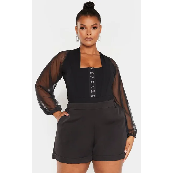 Plus Black Eyelet Detail Mesh Sleeve Bodysuit