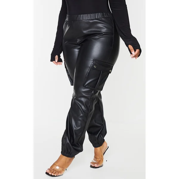 Plus Black Faux Leather Cargo Pants