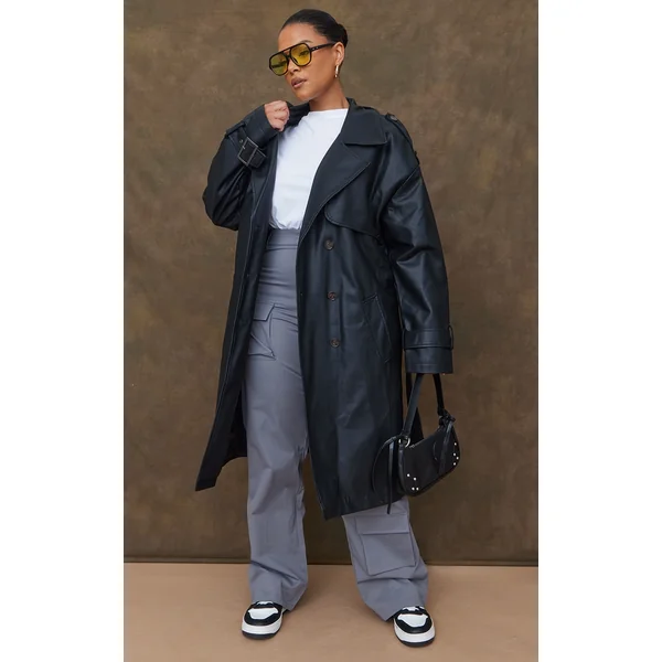 Plus Black Faux Leather Statement Buckle Trench Coat