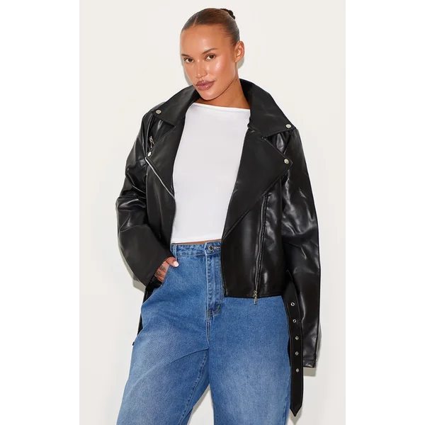 Plus Black Faux Leather Zip Detail Biker Jacket
