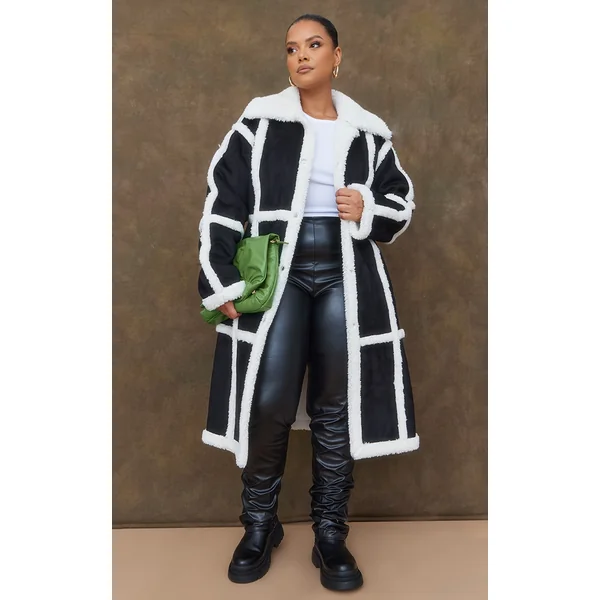 Plus Black Faux Suede Square Borg Panelled Coat