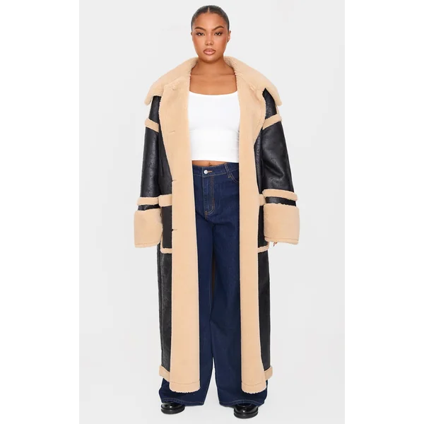 Plus Black Faux Vintage Leather And Borg Coat