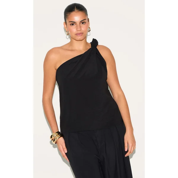 Plus Black Floaty Woven One Shoulder Knot Detail Top