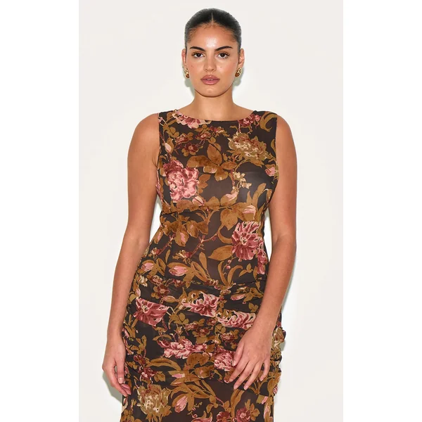 Plus Black Floral Printed Chiffon Boatneck Crop Top