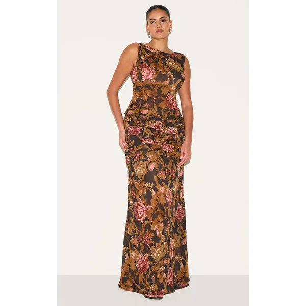 Plus Black Floral Printed Chiffon Ruched Detail Maxi Skirt