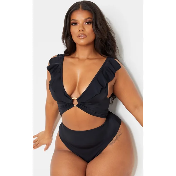 Plus Black Frill Edge Ring Detail Swimsuit