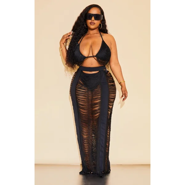 Plus Black Fringed Maxi Skirt