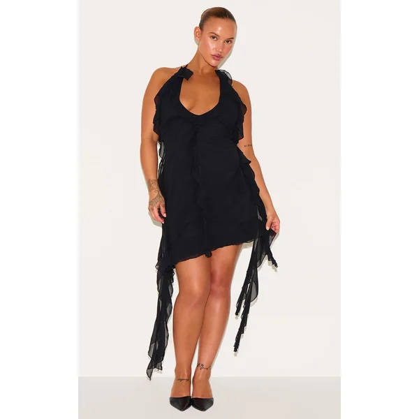 Plus Black Halter Neck Frilled Mini Dress
