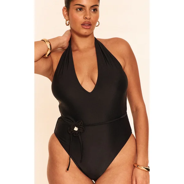 Plus Black Halter Neck Plunge Belted Swimsuit