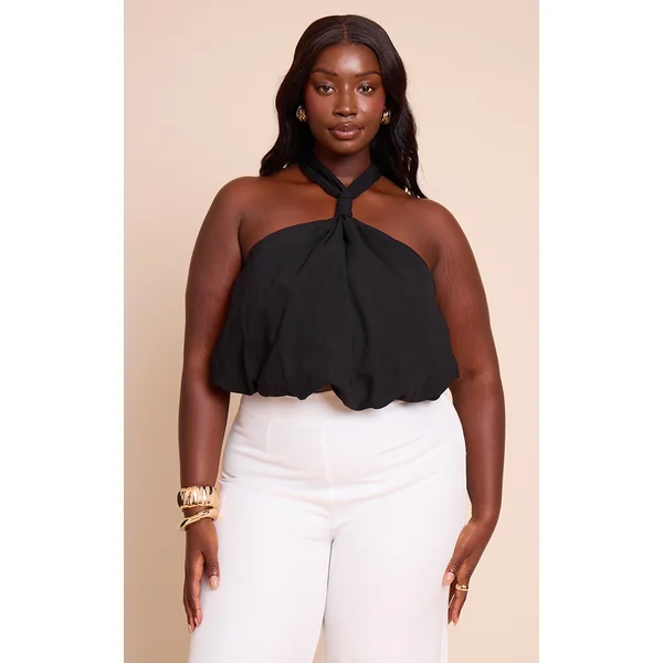 Plus Black Halterneck Puffball Top