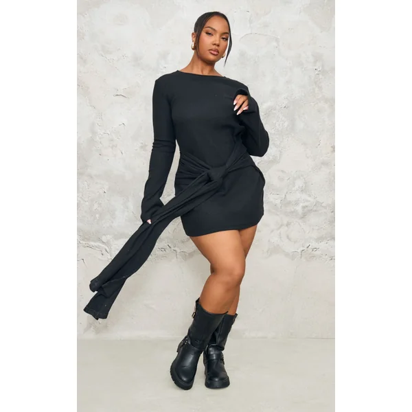 Plus Black Heavy Brushed Rib Wrap Tie Bodycon Dress