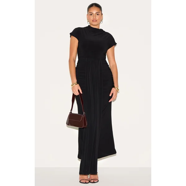 Plus Black High Neck Ruched Shoulder Drape Front Maxi Dress