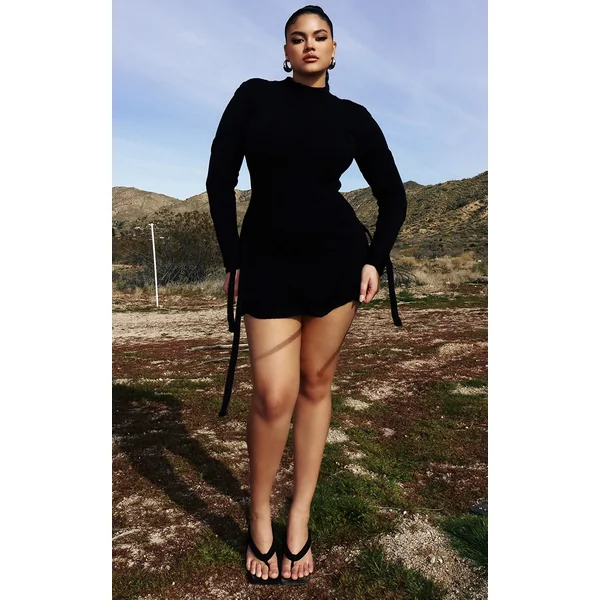 Plus Black Knitted Tie Detail Wrap Bodycon Dress