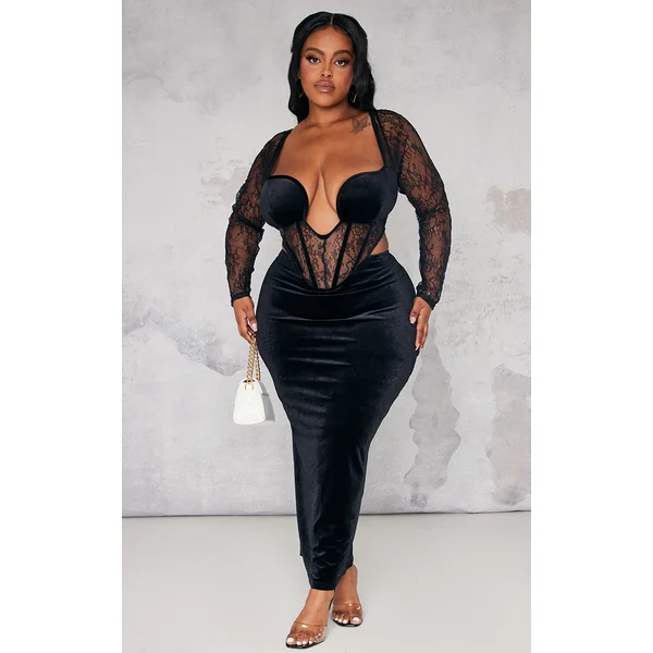 Plus Black Lace Detail Corset Velvet Midaxi Dress