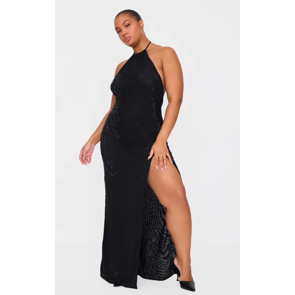Plus Black Lined Mesh Diamante Detail Split Maxi Dress