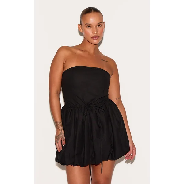 Plus Black Linen Bandeau Tie Waist Puffball Dress