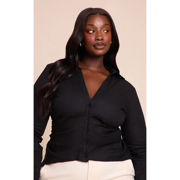 Plus Black Linen Shoulder Padded Fitted Shirt