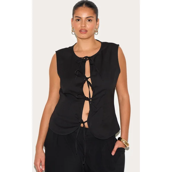 Plus Black Linen Tie Front Vest