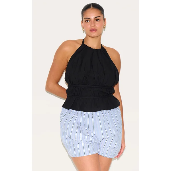 Plus Black Linen Tiered Tie Back Long Top