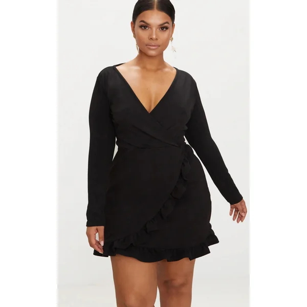 Plus Black Long Sleeve Ruffle Wrap Dress