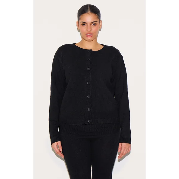 Plus Black Melange Soft Knit Basic Button Up Cardigan