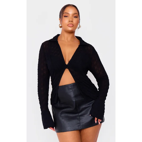 Plus Black Mesh Button Front Shirt