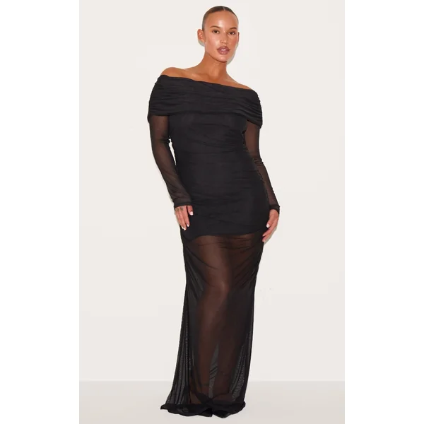Plus Black Mesh Overlay Long Sleeve Bardot Maxi Dress