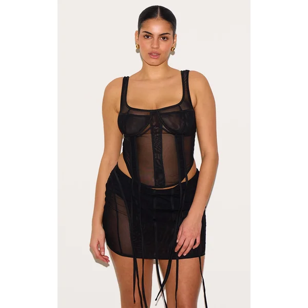 Plus Black Mesh Panelled Boned Corset