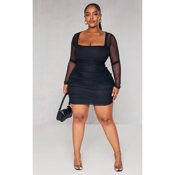 Plus Black Mesh Square Neck Ruched Bodycon Dress