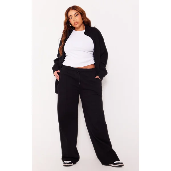 Plus Black Mid Rise Seam Detail Straight Leg Sweatpants