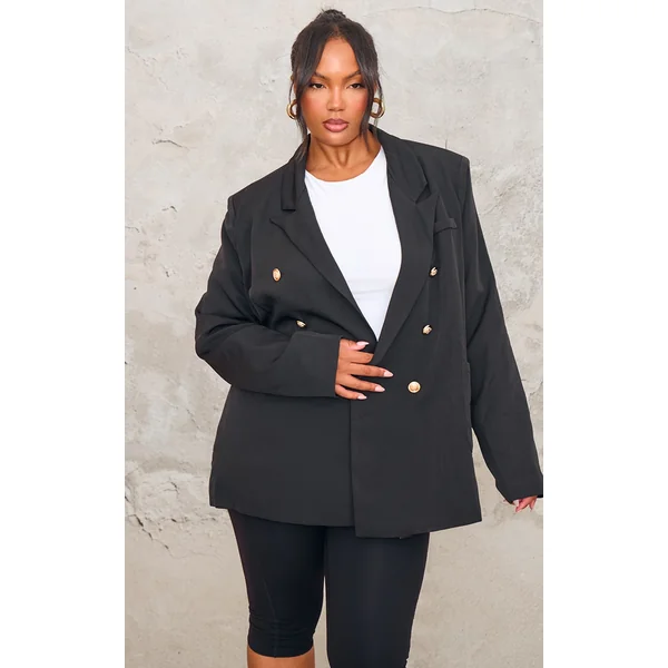 Plus Black Military Button Detail Blazer
