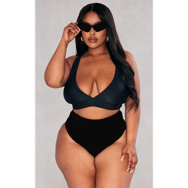 Plus Black Mix & Match Plunge Front Bikini Top
