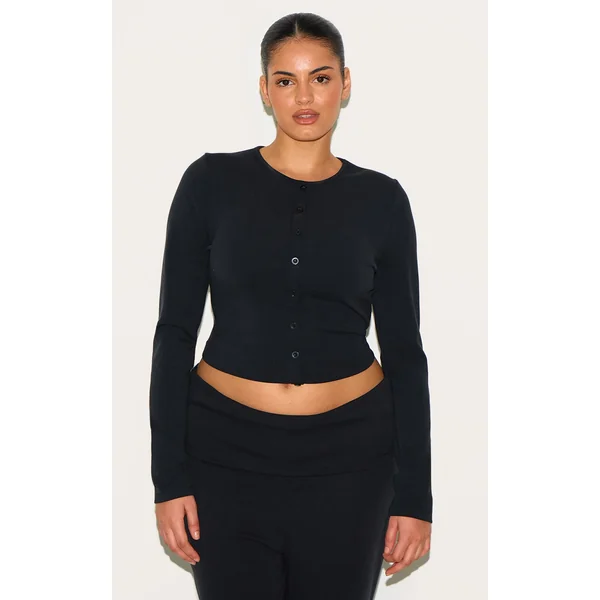 Plus Black Modal Button Detail Long Sleeve Top