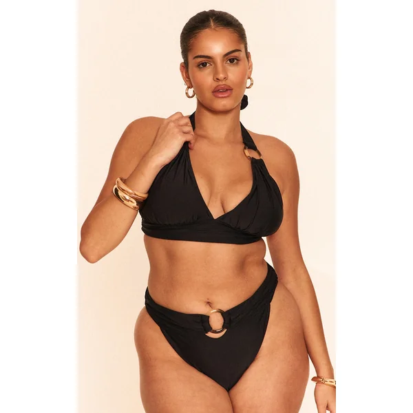Plus Black O Ring Detail Ruched Triangle Bikini Top