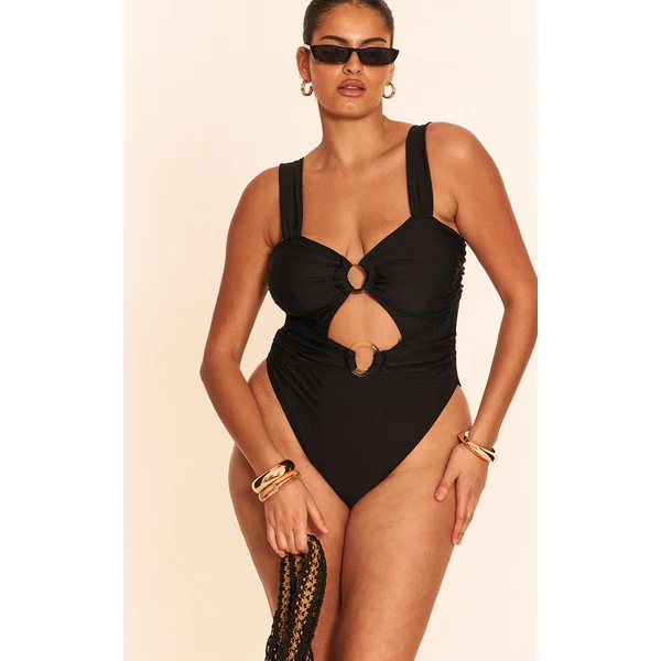 Plus Black O Ring Ruched Cut Out Swimsuit